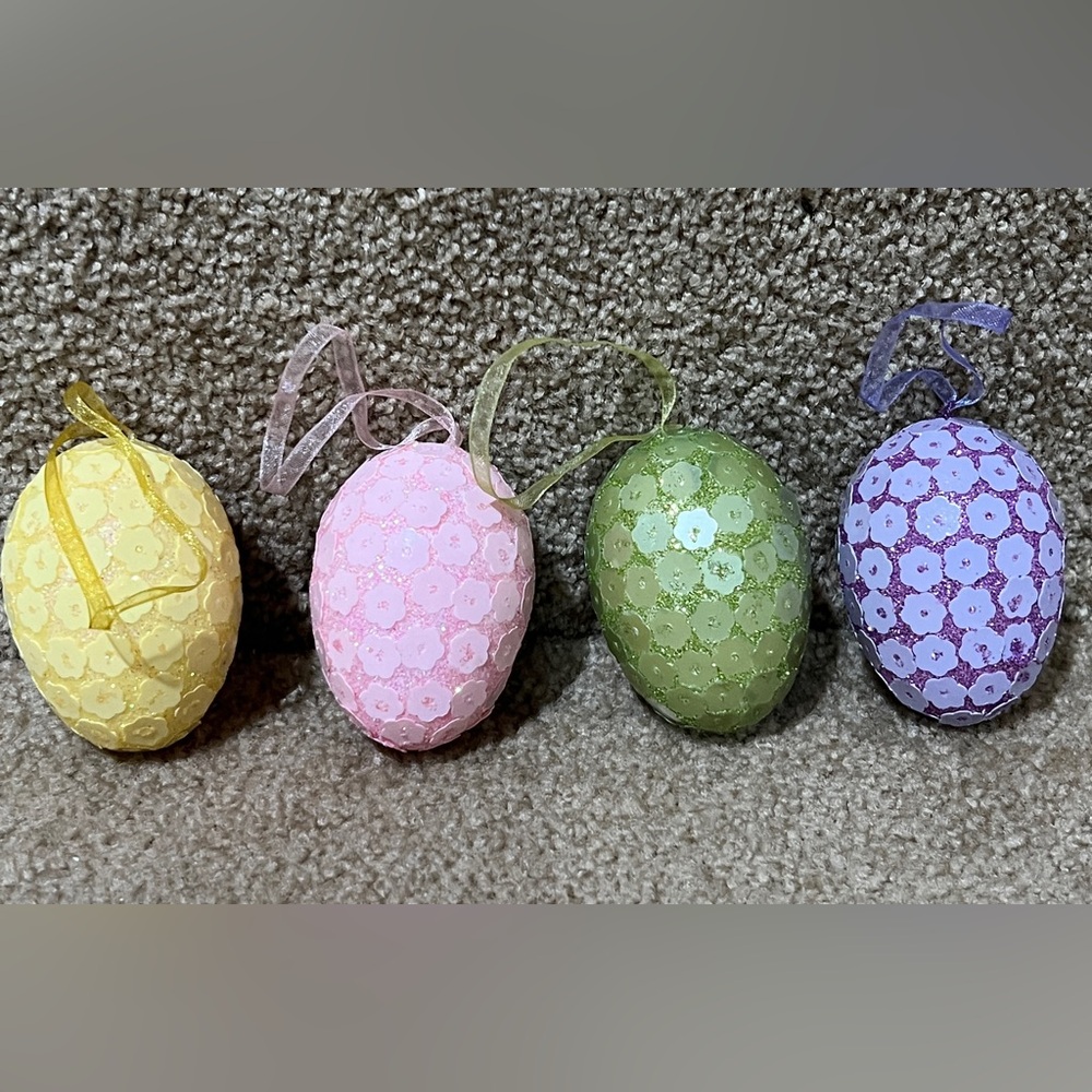 Easter egg lot of 4 ornaments pink & green yellow pink pastel flowers sequins